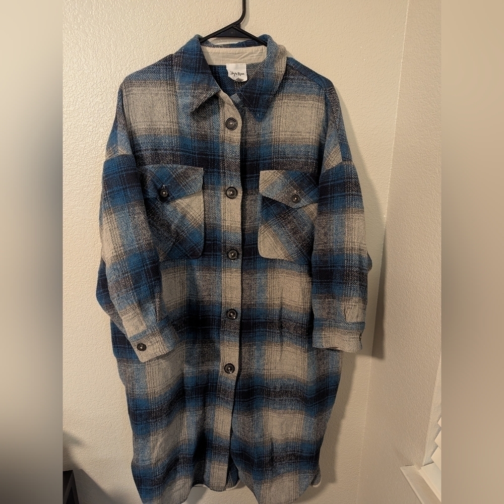 Sky To Moon,Blue and Gray Plaid Flannel Boyfriend Shirt Jacket